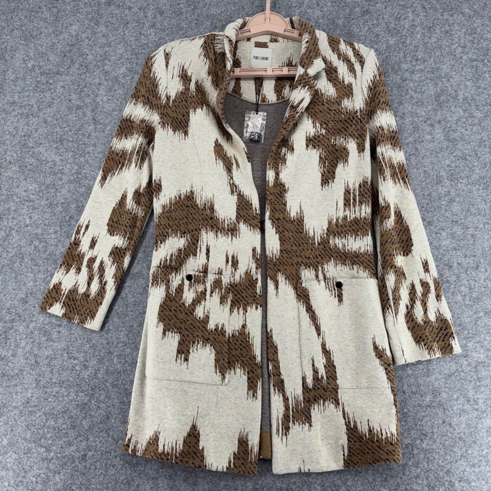 Nic+Zoe Womens XS Brown Beige Ikat Print Open Front Knit Cardigan Blazer Jacket